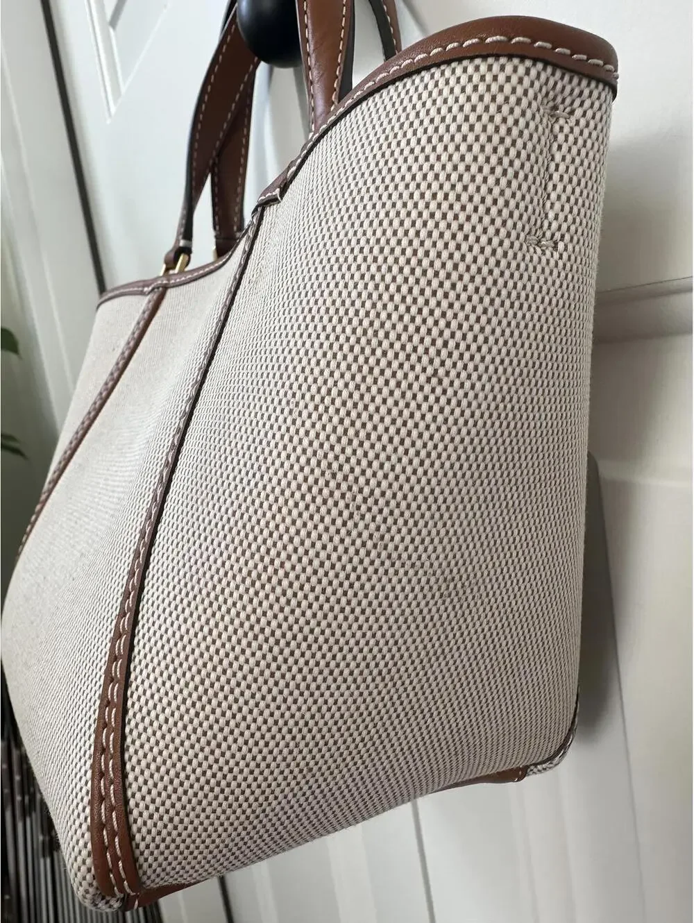 Tory Burch McGraw Mini Canvas Drawstring Satchel Crossbody Bag Natural Brown